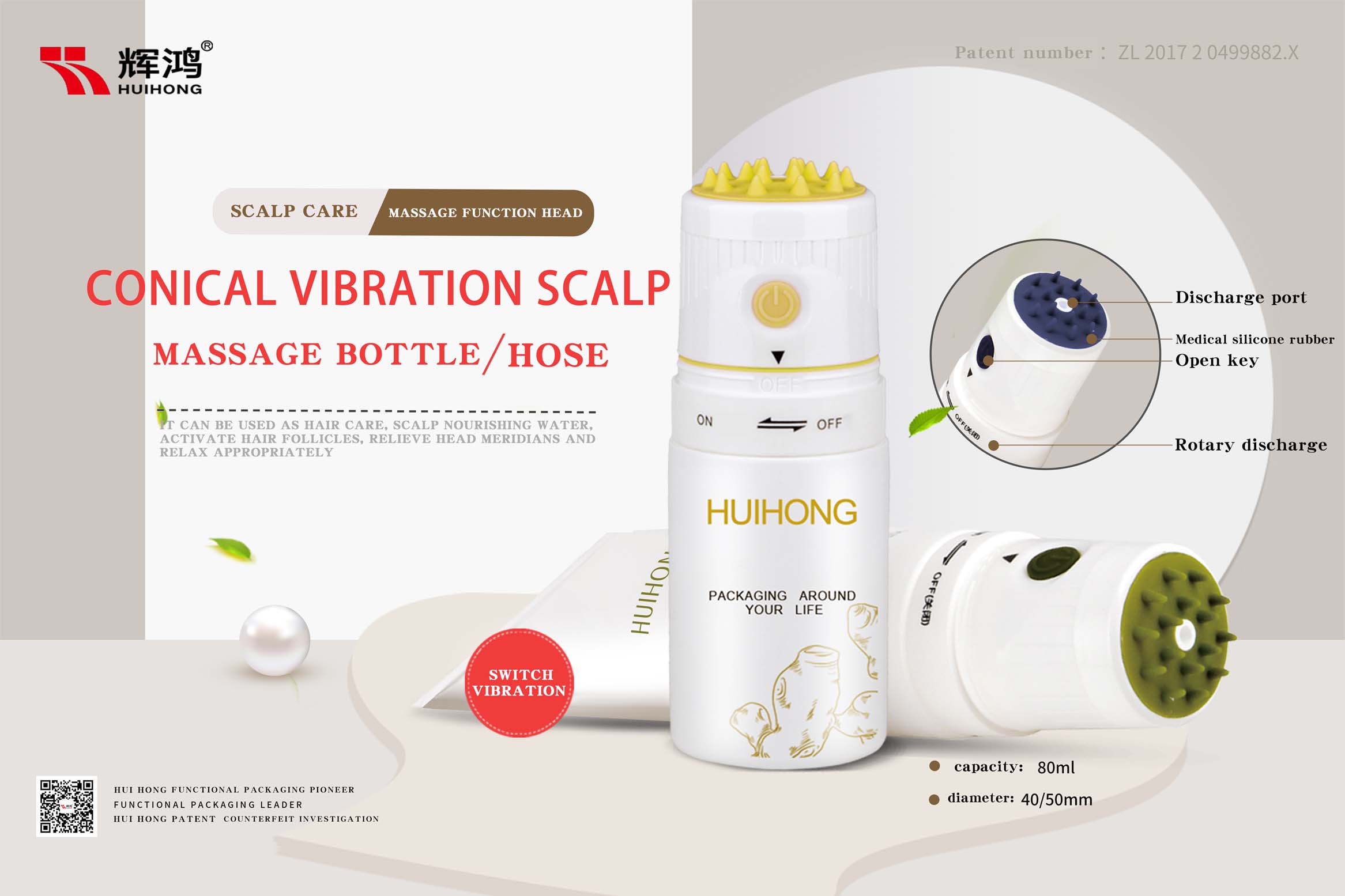 ensemble innovant et breveté de massage conique vibrant du cuir chevelu

